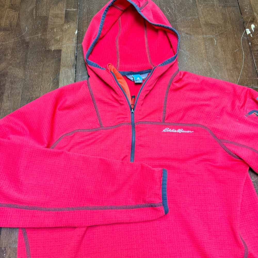 Eddie Bauer First Ascent Hoodie Mens S Red Grid Fleece 1/4‎ Zip Pullover Jacket